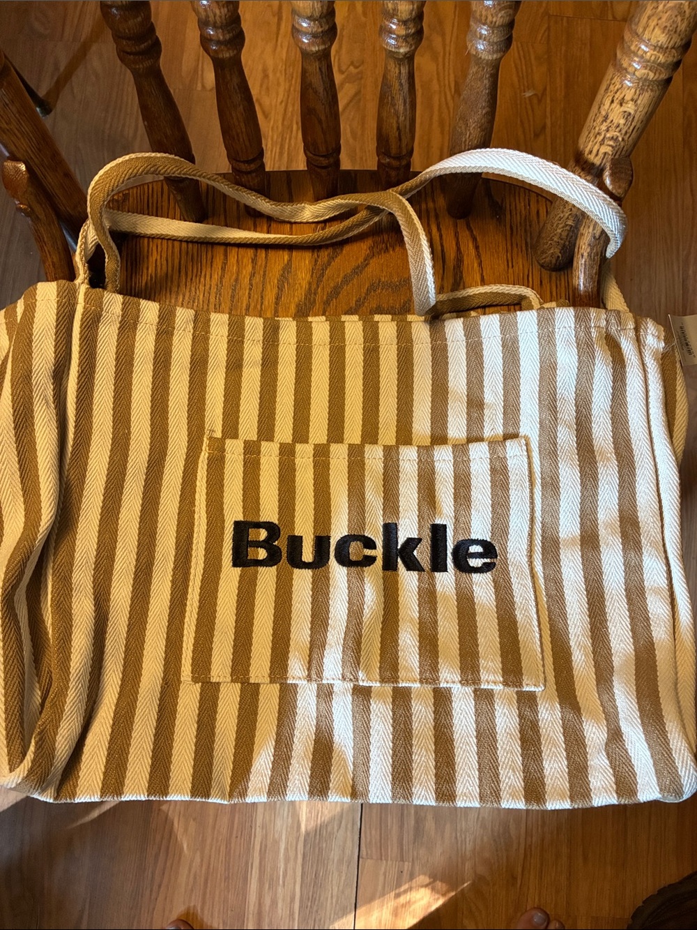 Buckle Beige and White Striped Canvas Tote with Front Pocket